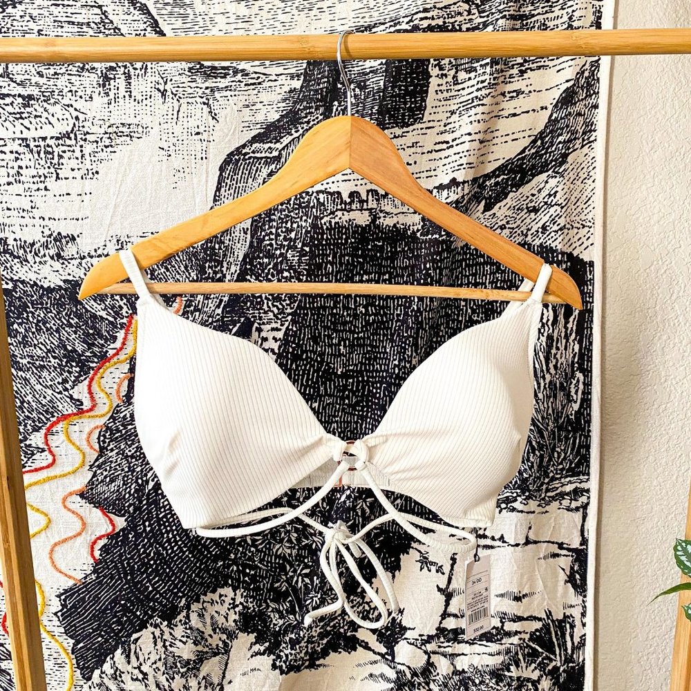 NWT Shade & Shore White w/ Rose Gold Accents Tie Ribbed Bikini Top 34DD